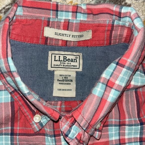 LL bean button up long sleeve shirt size L pink and blue plaid flannel - Picture 6 of 6